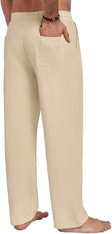 Mens Cotton Linen Pants Summer Beach Pant Loose Fit with Drawstring - Image 4