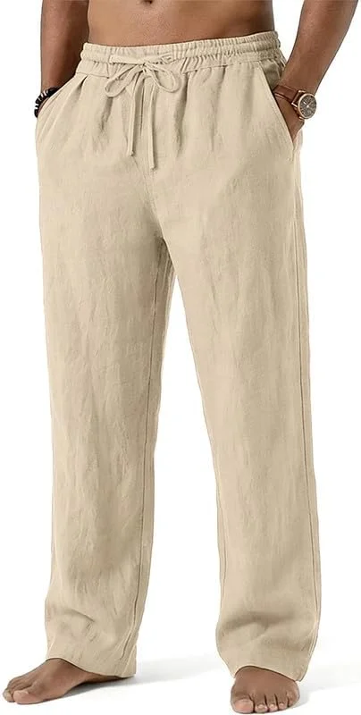 Mens Cotton Linen Pants Summer Beach Pant Loose Fit with Drawstring - Image 5