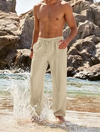 Mens Cotton Linen Pants Summer Beach Pant Loose Fit with Drawstring